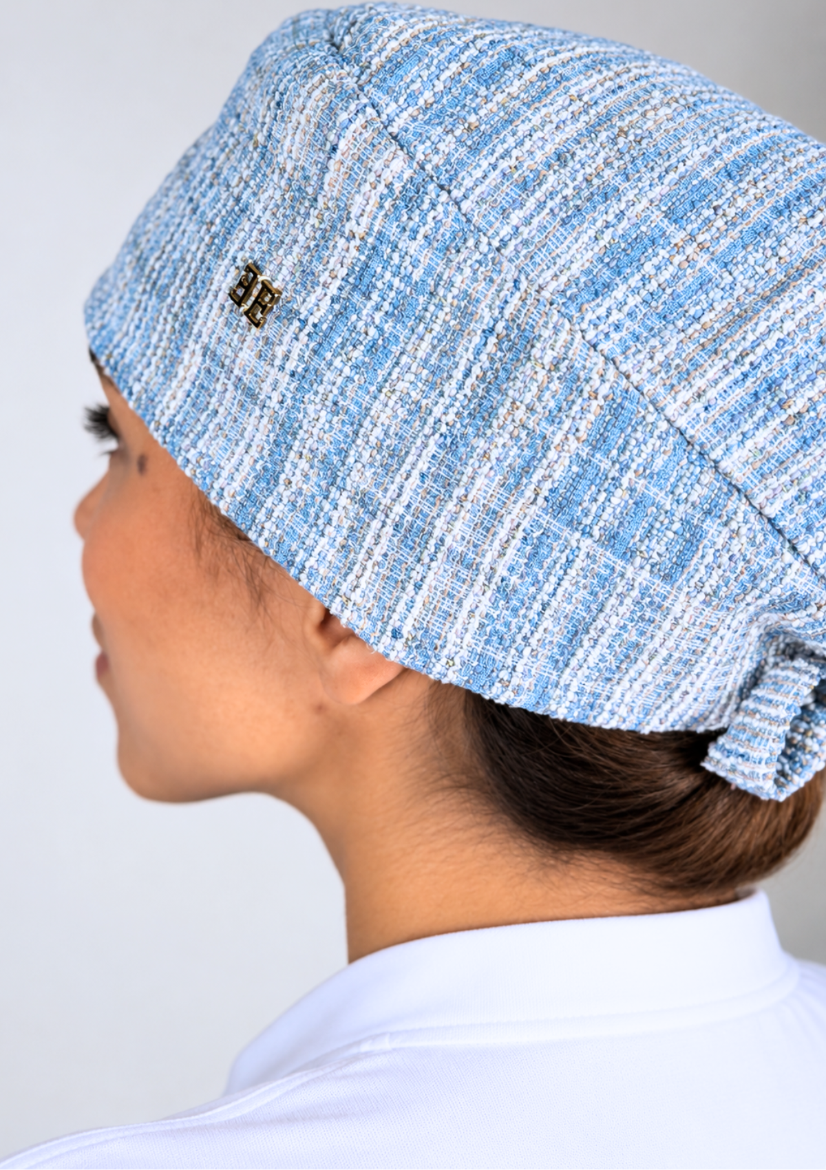 NEW - Gorro Cirúrgico Tweed Azul Forrado em Cetim